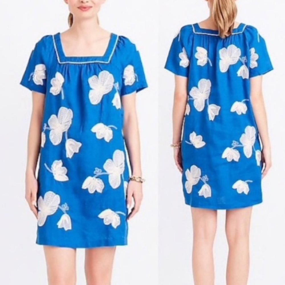 J Crew 100% Linen Blue White Embroidery Flower Dress Size XS Summer Floral Boho